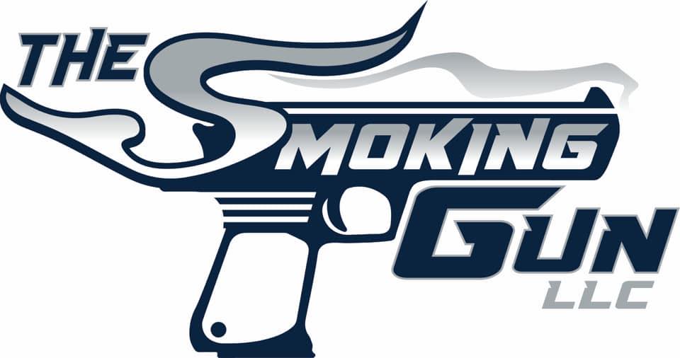Single Category 4 Logo for "The Smoking Gun LLC" featuring stylized text forming the shape of a pistol, with smoke coming out from the muzzle and curving over the top of the design.