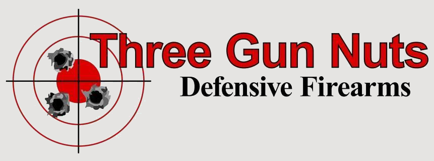 Single Category 5 Logo for "Three Gun Nuts Defensive Firearms" featuring three bullet holes clustered in the red bullseye of a target, with bold red and black text beside the image.