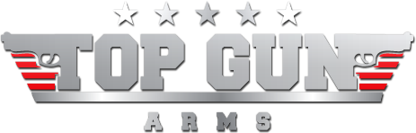 Firearms Training Directory 10 Logo for "Top Gun Arms" featuring silver text with two pistols facing outward, red stripes, five white stars above, and "ARMS" in smaller letters below, all on a black background.
