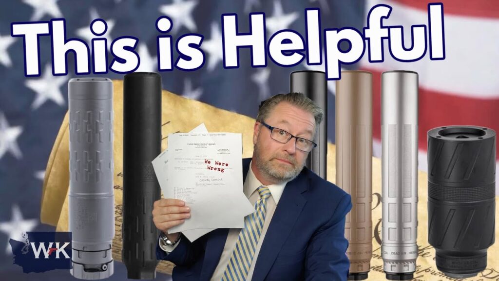 A man in a suit holds paperwork, surrounded by firearm suppressors, with an American flag backdrop. Large text reads "This is Helpful." The WK logo appears in the bottom left corner.