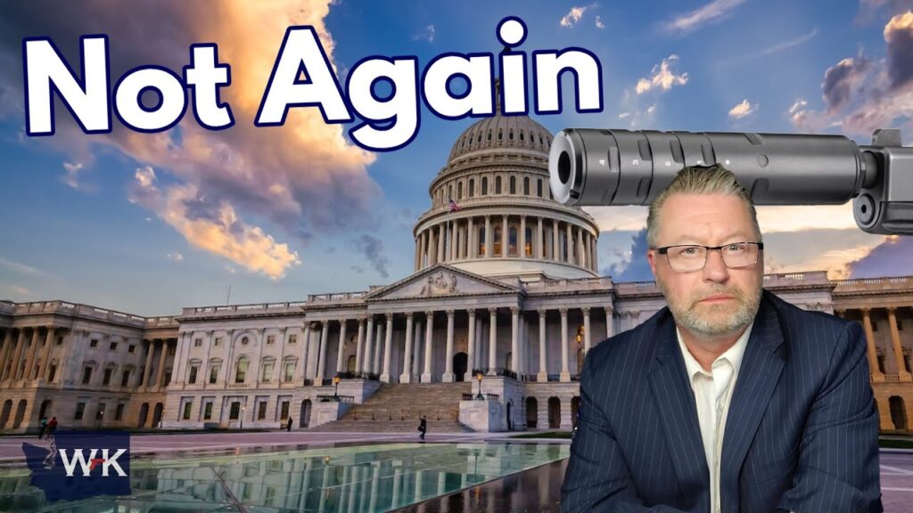 A serious-looking man in a suit is in front of the U.S. Capitol building at sunset, with large text reading "Not Again" and a large gun barrel pointed at his head.