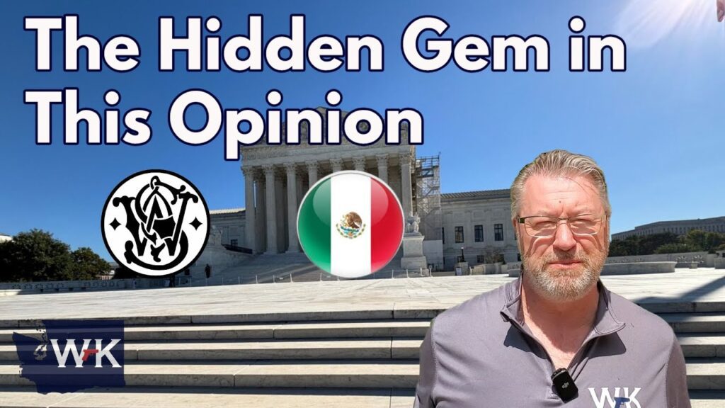 A man in sunglasses stands outside a large government building with columns. Text reads, "The Hidden Gem in This Opinion." Symbols of Smith & Wesson, a Mexican flag, and a "WK" logo are shown.
