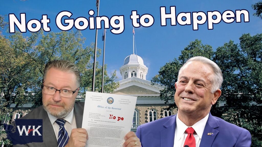 Two men in suits stand in front of a government building. One man holds a document stamped "Nope." The text "Not Going to Happen" is displayed at the top. Trees and a blue sky are in the background.