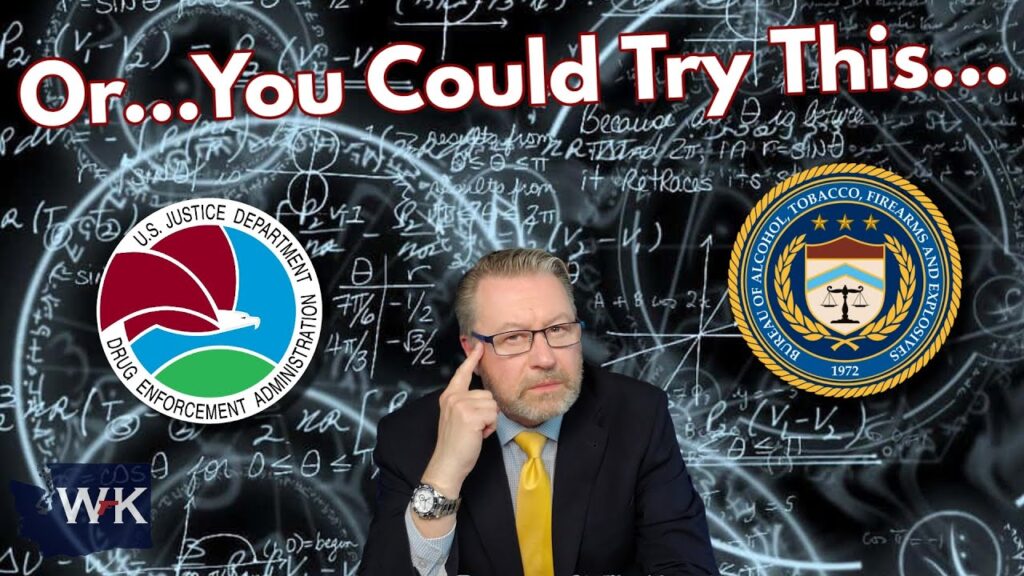 A man in a suit sits thinking, surrounded by complex mathematical formulas. The text above him reads "Or... You Could Try This...". The DEA and ATF agency logos are shown on either side of him.