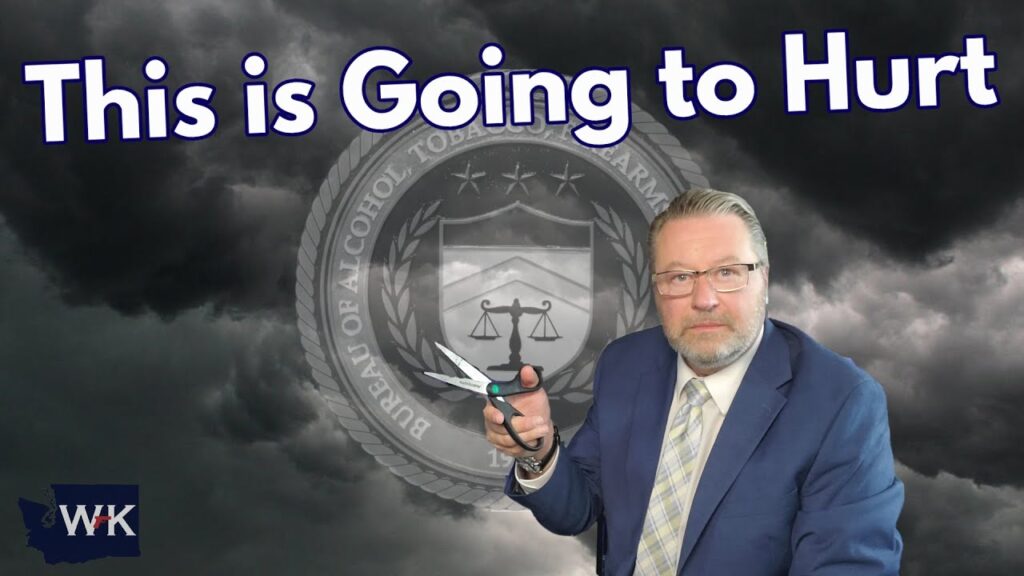 A man in a suit holds open scissors in front of a cloudy background with a faded Bureau of Alcohol, Tobacco, Firearms, and Explosives seal. Large text reads "This is Going to Hurt.