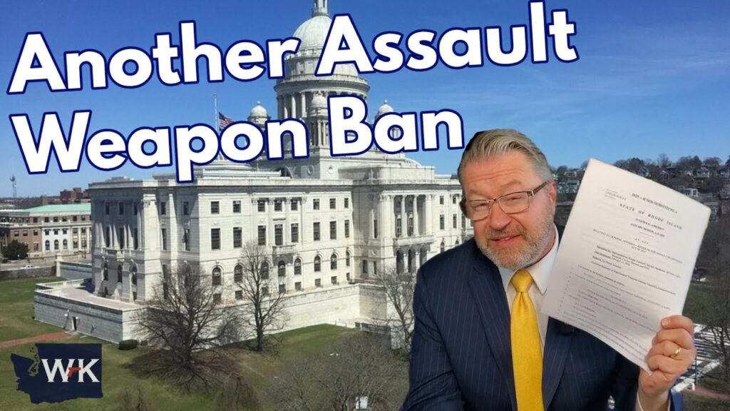 A man in a suit holds up a document in front of a large government building with the text "Another Assault Weapon Ban" above him. The image includes the WK logo in the corner.