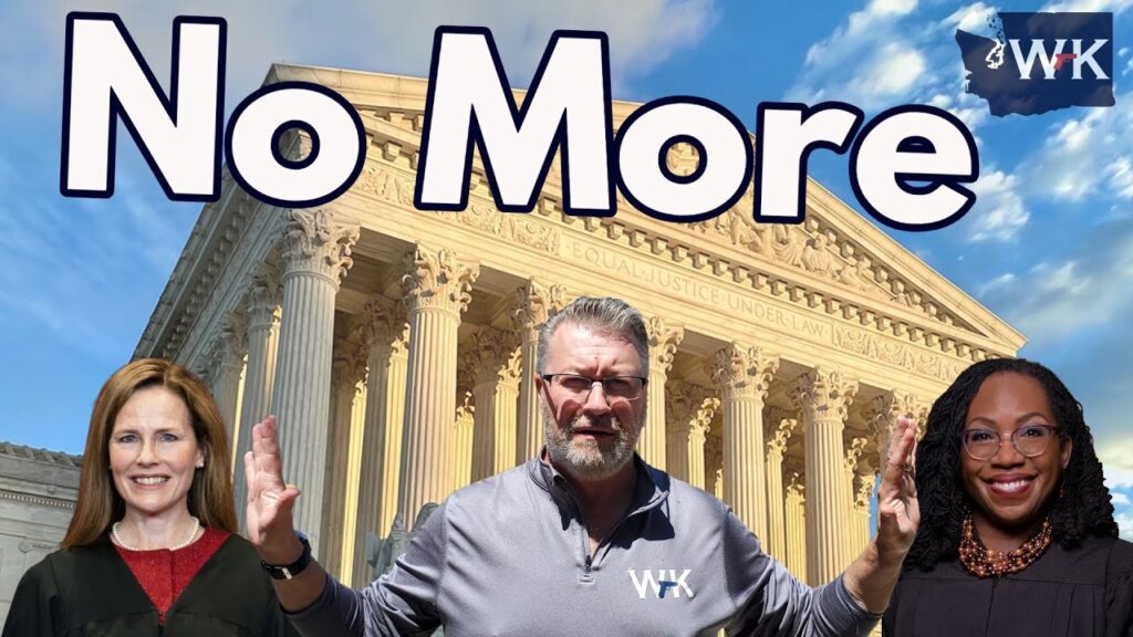Three people stand in front of the U.S. Supreme Court building under a blue sky. Large text above reads "No More." Two individuals wear judge robes, while the center person wears a gray zip-up top.