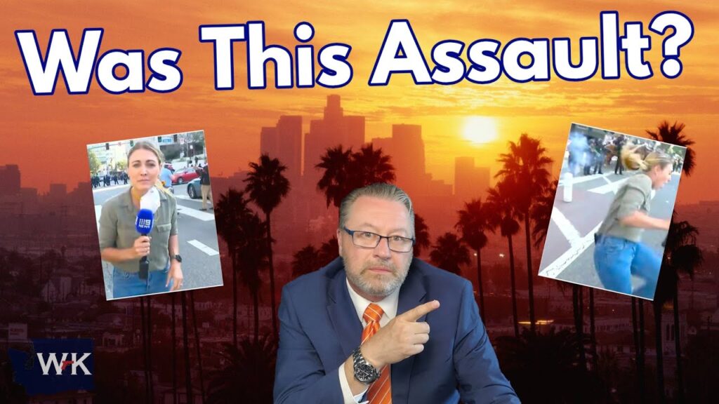 A man in a suit points to the side, with the text "Was This Assault?" above him. Behind are images of a female reporter and a woman walking, set against a sunset skyline with palm trees.
