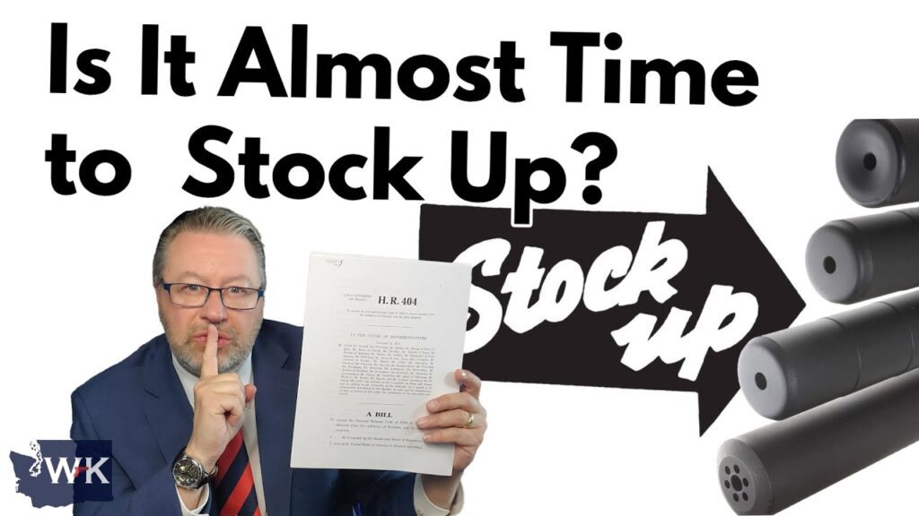 A man in a suit holds up a document labeled "H.R. 405" and gestures for silence. Large text reads "Is It Almost Time to Stock Up?" with an arrow pointing to "Stock up" next to images of cylindrical objects.
