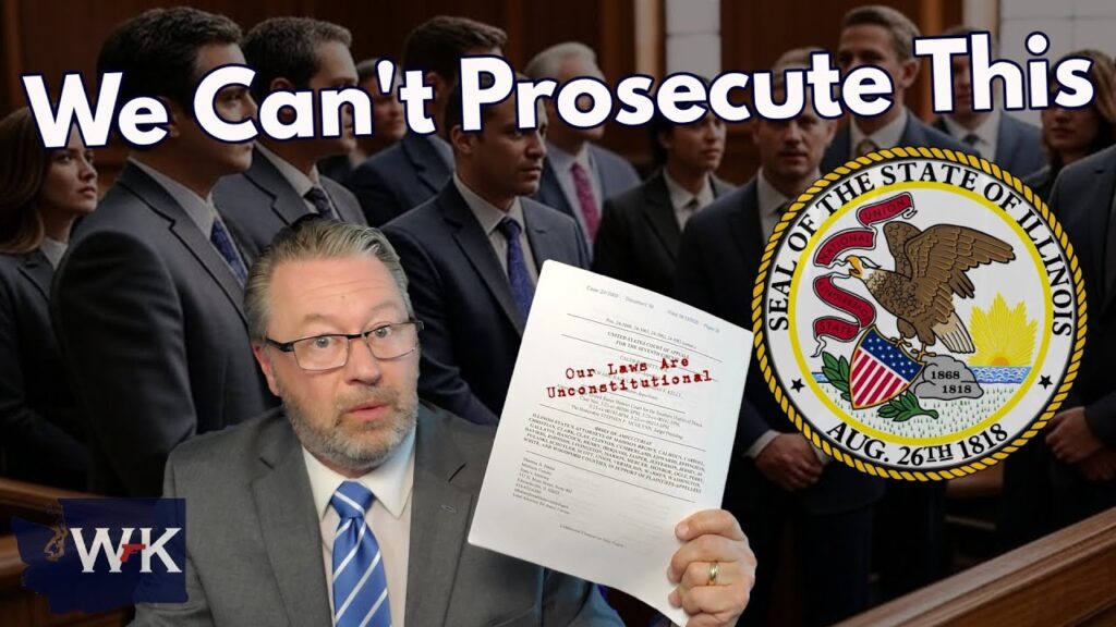 A man in a suit holds a document labeled "Our Laws Are Unconstitutional" in front of a courtroom scene, with the Illinois state seal and the text "We Can't Prosecute This" above him.