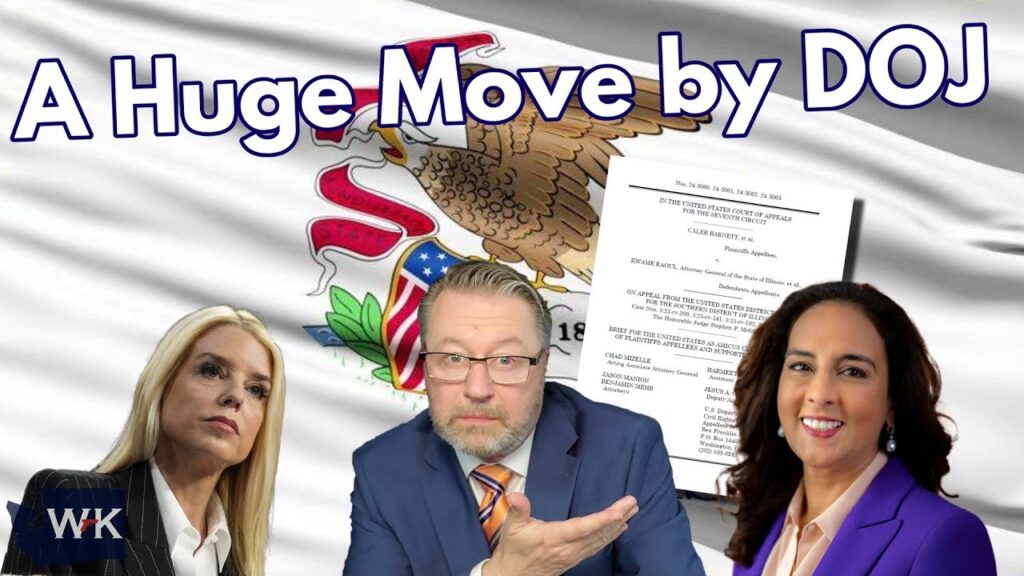Three people pose in front of an Illinois state flag and a legal document, with large text reading "A Huge Move by DOJ" above them.