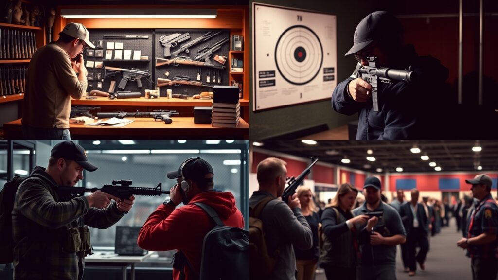 A collage showing people examining and aiming guns, a display case of firearms, and a group discussing guns at an indoor shooting range or gun expo.