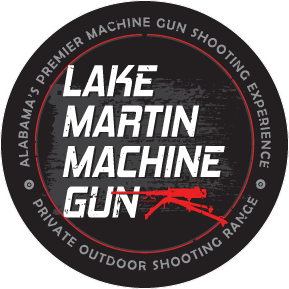 Circular logo for "Lake Martin Machine Gun," featuring distressed white text on a black background. The outer ring reads "Alabama’s Premier Machine Gun Shooting Experience" and "Private Outdoor Shooting Range.