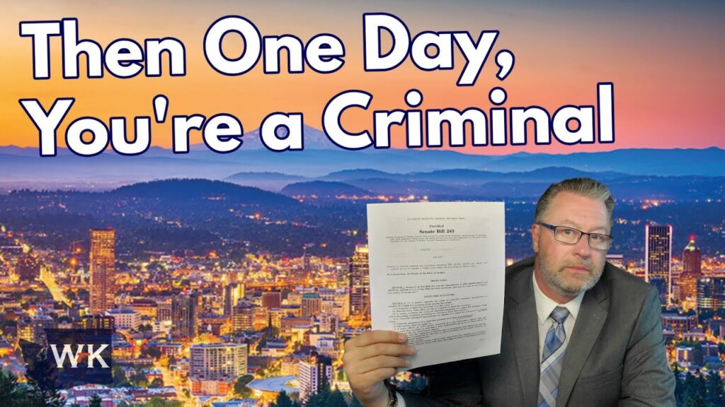 A man in a suit holds up a printed document against a cityscape backdrop at sunset. Large text reads, "Then One Day, You're a Criminal." The initials "WK" appear in the lower left corner.