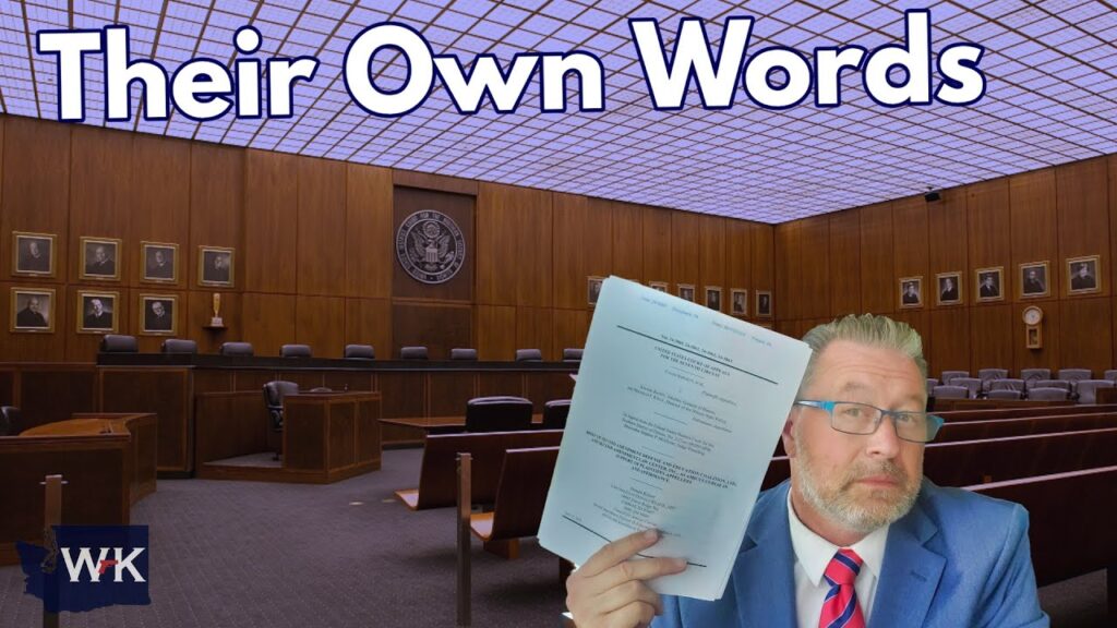A man in a suit and glasses holds up a stack of documents in a courtroom. The text "Their Own Words" appears at the top. The WK logo is in the lower left corner.