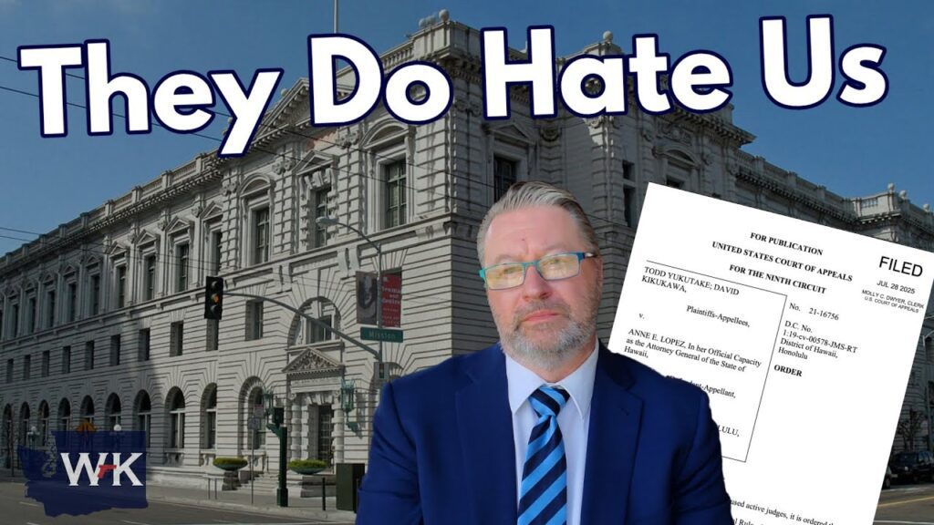 A man in a suit and glasses stands in front of a courthouse, with a court document to his side. Large text above him reads "They Do Hate Us." The WK logo appears in the lower left corner.