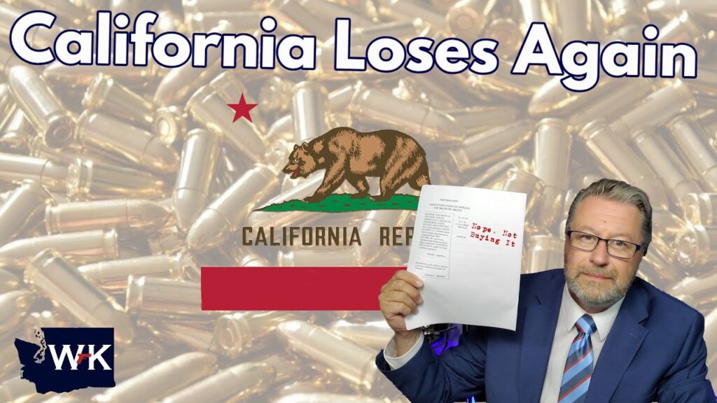 A man in a suit holds up a document in front of the California state flag, with a background of bullets. Large text at the top reads "California Loses Again.