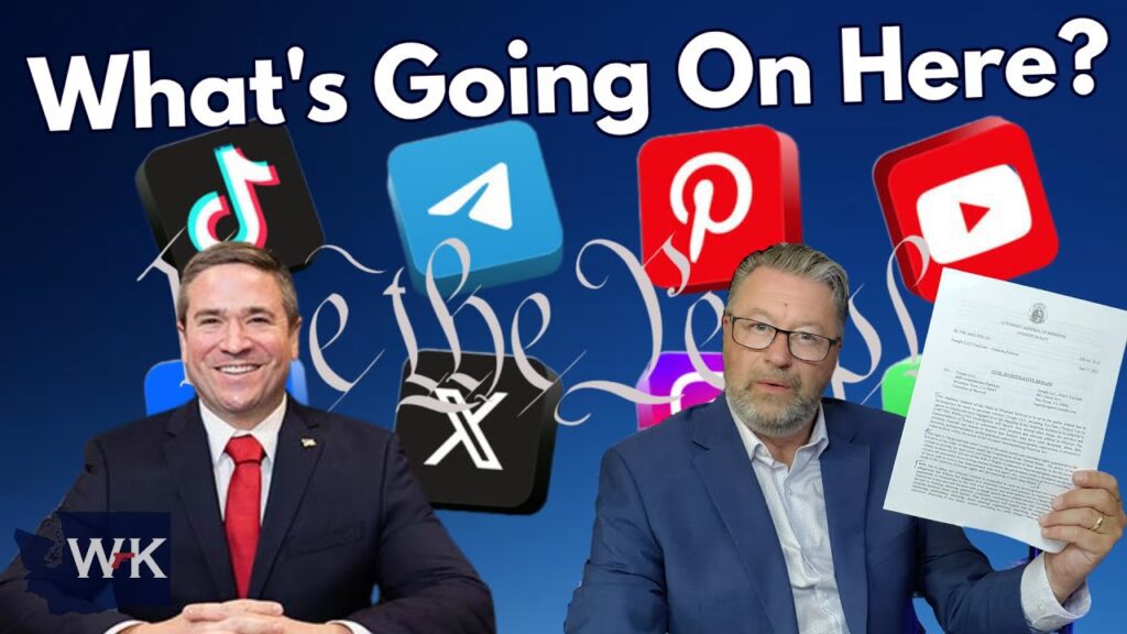 Two men in suits sit in front of floating social media app icons (TikTok, Telegram, Pinterest, YouTube, X) with text above reading “What’s Going On Here?” One man holds up a legal document.