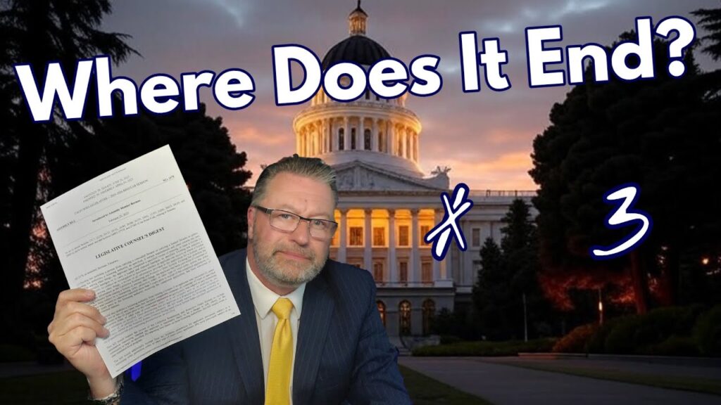 A man in a suit holds up a document in front of a government building at sunset, with large text above reading "Where Does It End?" and the symbols "x 3" next to him.