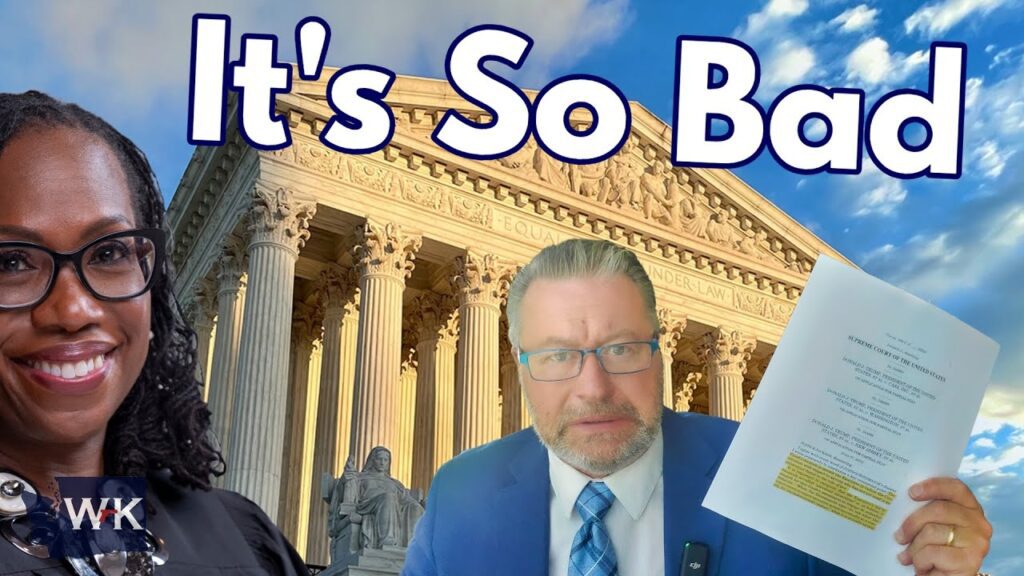 A man in a suit holds up a highlighted document in front of the U.S. Supreme Court building. A woman in glasses is partially visible on the left. The text "It's So Bad" appears at the top against a blue sky.