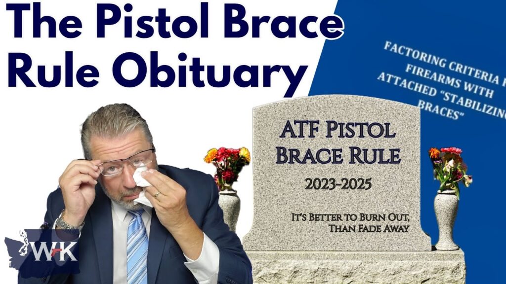A man in a suit wipes his eyes with a tissue next to a tombstone that reads "ATF Pistol Brace Rule 2023-2025." The text "The Pistol Brace Rule Obituary" appears at the top. Flowers and a blue legal document are also present.