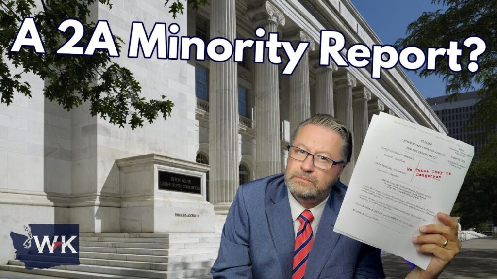 A man in a suit and glasses holds up papers in front of a large government building. The text reads "A 2A Minority Report?" and a logo with "WK" is in the lower-left corner.