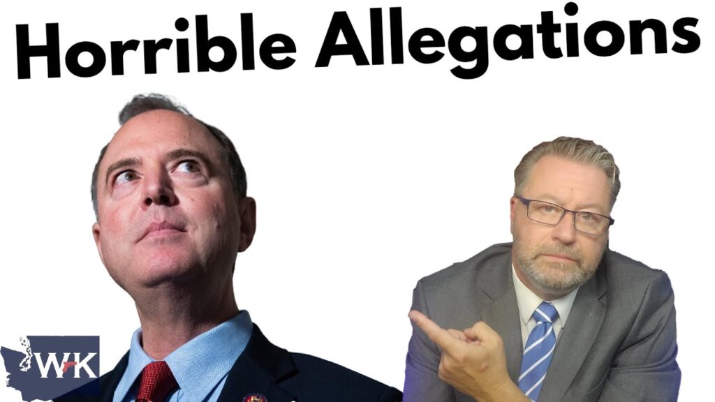 A man in a suit and tie looks up thoughtfully on the left, while another man in glasses and a suit points toward him on the right. Large text above reads “Horrible Allegations.” WK logo in the bottom left corner.
