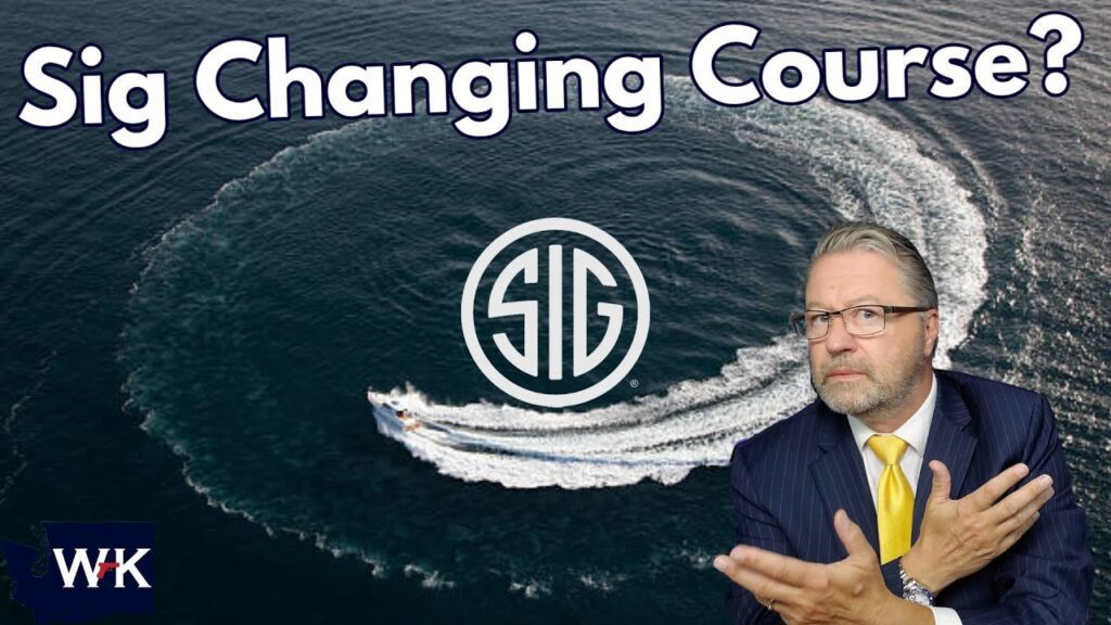 A man in a suit gestures thoughtfully in front of an aerial view of a boat making a sharp circular turn in the water, with the text "Sig Changing Course?" and the SIG logo overlayed.