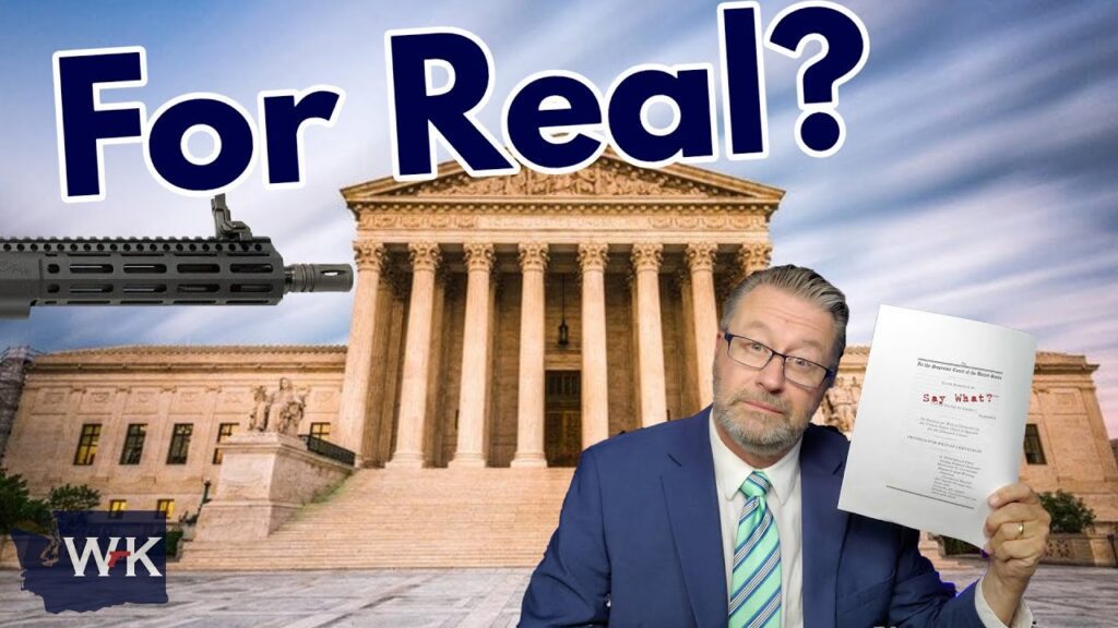 A man in a suit holds up a document in front of the U.S. Supreme Court building. Text above reads "For Real?" with a rifle barrel on the left side. The WK logo is in the bottom left corner.