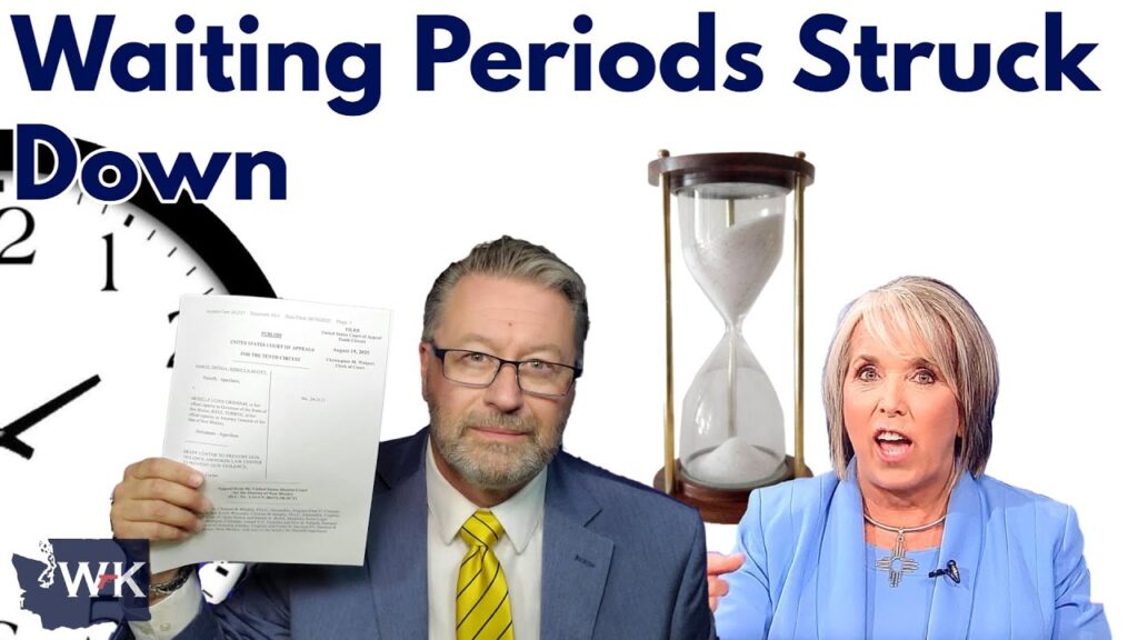 A man in a suit holds up a document beside a surprised woman in blue. An hourglass and a large clock are in the background. The text above reads “Waiting Periods Struck Down.”.