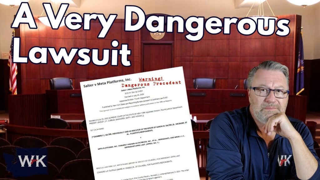 A man wearing glasses sits in front of an empty courtroom. Overlaid text reads "A Very Dangerous Lawsuit" and a document labeled "Warning! Dangerous Precedent" is displayed in the center.