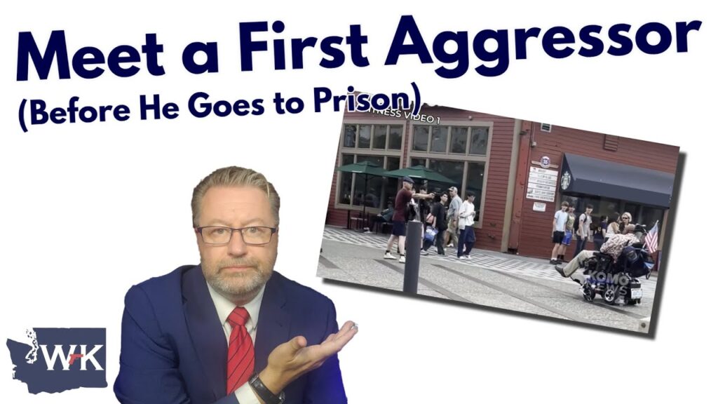 A man in a suit gestures toward a tilted photo of a street scene with people outside a café. Large text reads "Meet a First Aggressor (Before He Goes to Prison).