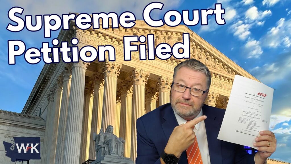 A man in a suit points to a document labeled "Petition" in front of the U.S. Supreme Court building, with large text reading "Supreme Court Petition Filed" above.