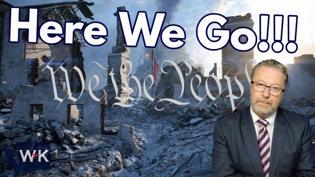 A man in a suit and glasses sits in front of ruined buildings. Text reads "Here We Go!!!" at the top and "We The People" in script across the center. A "WK" logo appears in the bottom left corner.