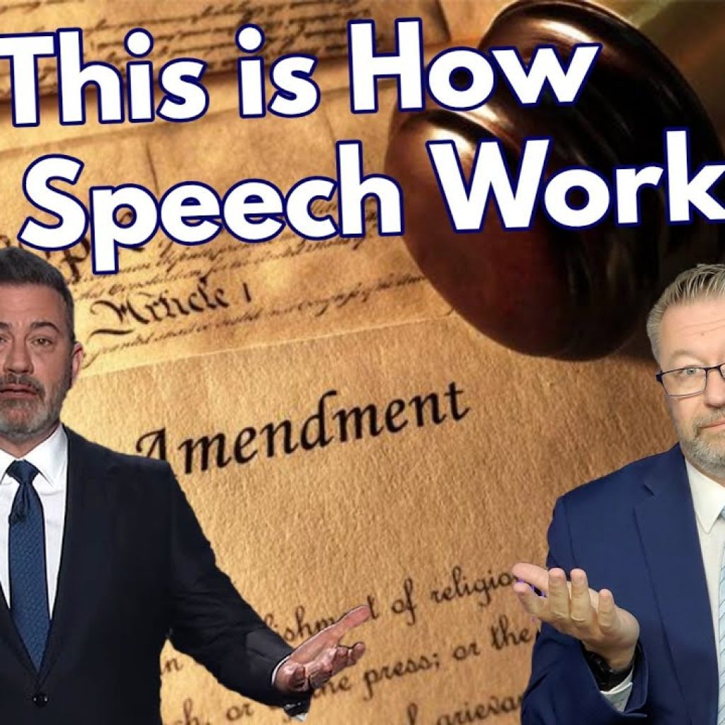 Two men in suits stand in front of an image of the U.S. Constitution and a gavel, with large text above them reading, “Yes, This is How Free Speech Works.”.