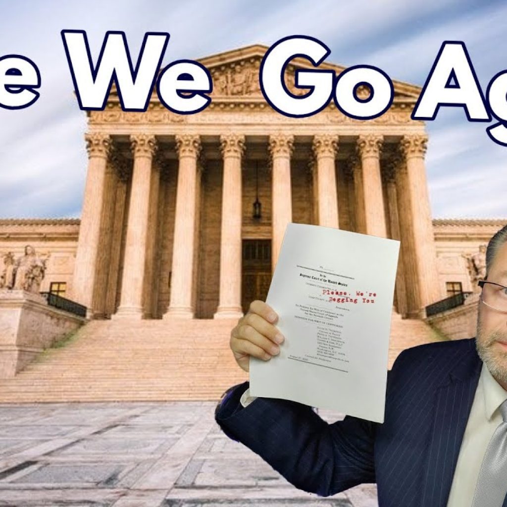 A man in a suit holds up a document in front of the U.S. Supreme Court building. The text "Here We Go Again" appears above, along with an Illinois state outline featuring "We the People." The WK logo is in the bottom left corner.