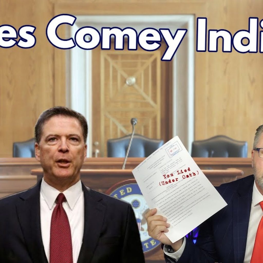 A man in a suit raises his right hand as if taking an oath, while another man in a suit and glasses holds a paper labeled "Top Secret (Under Oath)" in a courtroom setting. Text reads "James Comey Indicted.