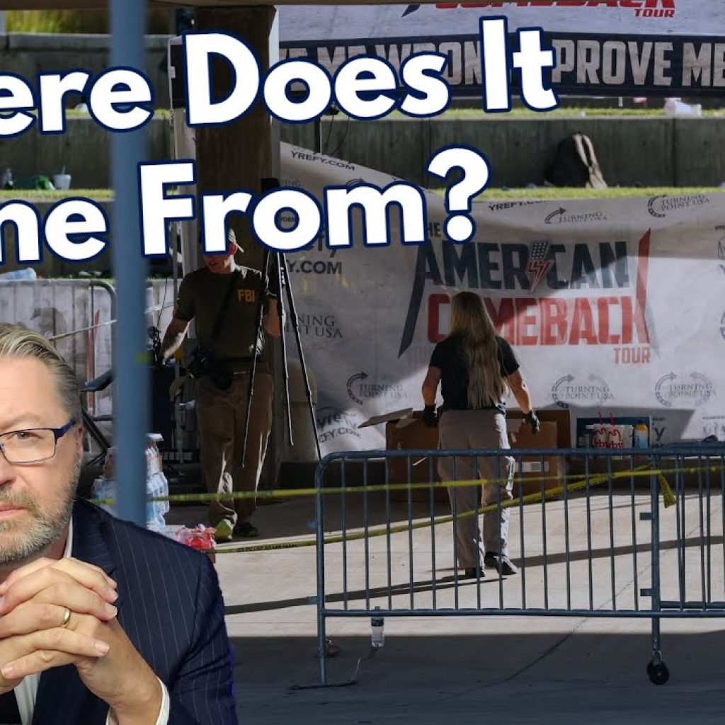 A man in a suit sits in the foreground with text reading "Where Does It Come From?" Behind him, police tape and officers block off an outdoor area with tents and crime scene barriers.