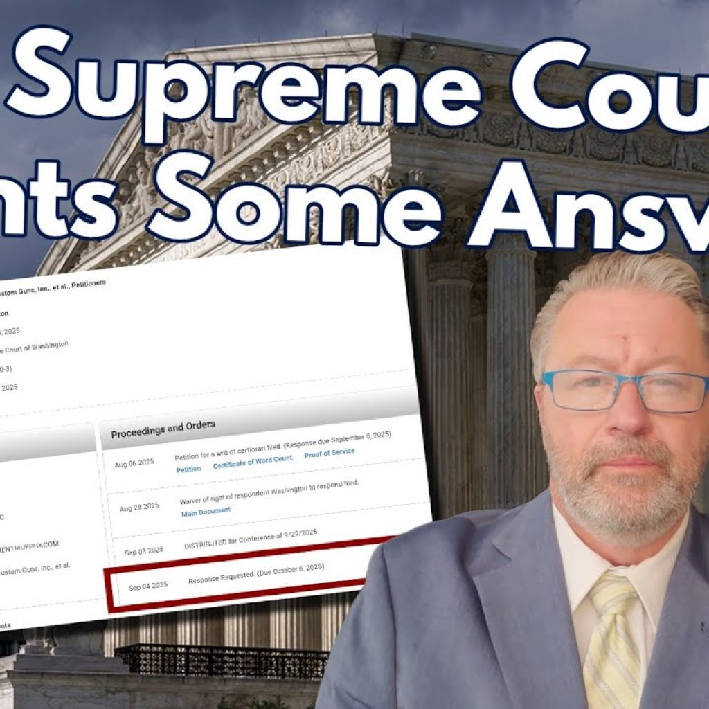 A man in a suit and glasses stands in front of the U.S. Supreme Court building, with a legal document and the text "The Supreme Court Wants Some Answers" displayed above him.