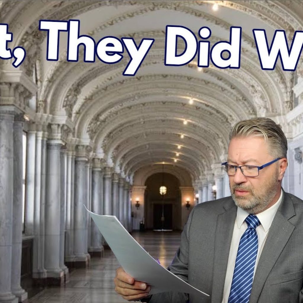 A man in a suit reads a document in a grand hallway with marble columns and arched ceilings. Large text above him says, "Wait, They Did What?" A small logo with "WK" and a state outline is in the corner.