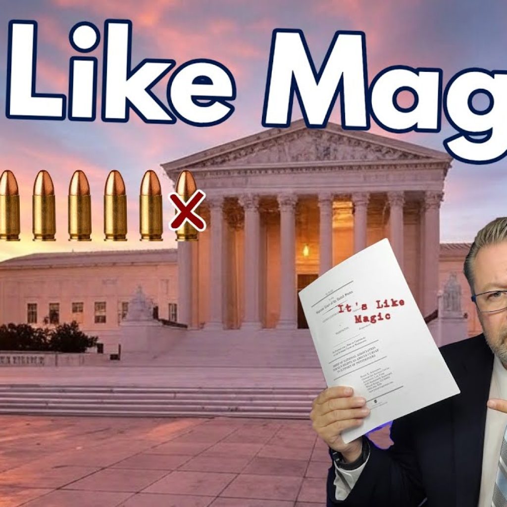 A man in a suit points to a document titled "It's Like Magic" in front of the U.S. Supreme Court building. The text "It's Like Magic" is above, with bullets and a red X. A WK logo appears in the corner.