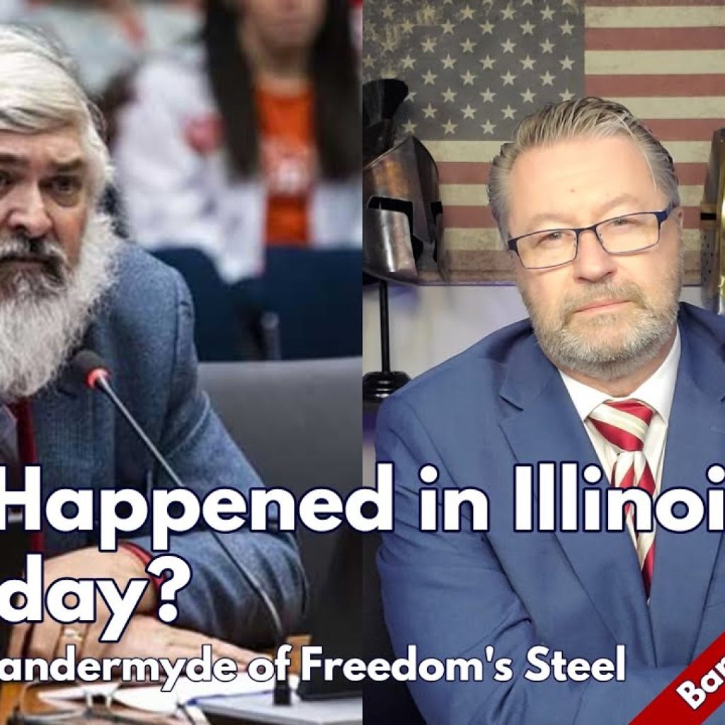 Split-screen image: On the left, Todd Vandermyde, with long gray hair and beard, speaks into a microphone at a meeting. On the right, a man in glasses and a suit sits in an office. Text: “What Happened in Illinois Yesterday?”.