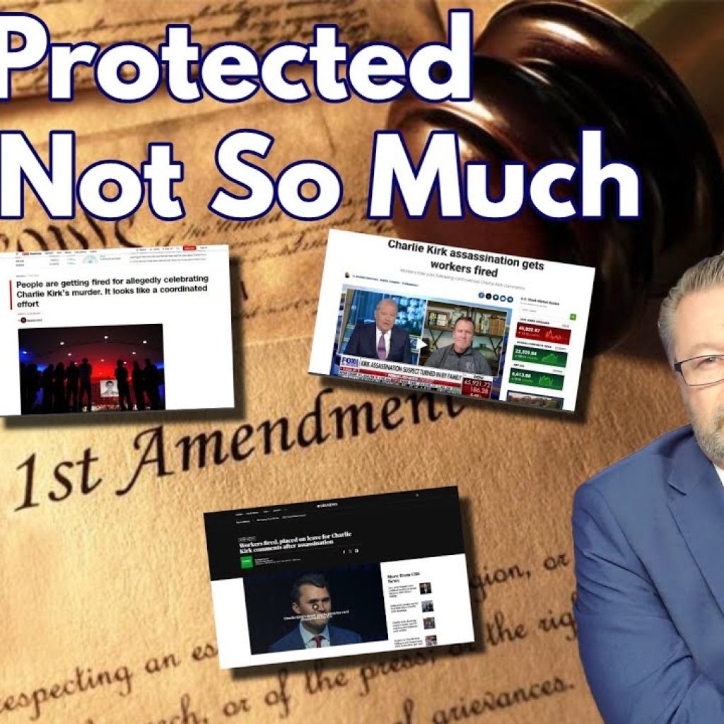 A man in a suit stands in front of a gavel and the words "1st Amendment" on a document. Text reads, "FA = Protected, FO = Not So Much." News headlines and the WK logo also appear on the image.