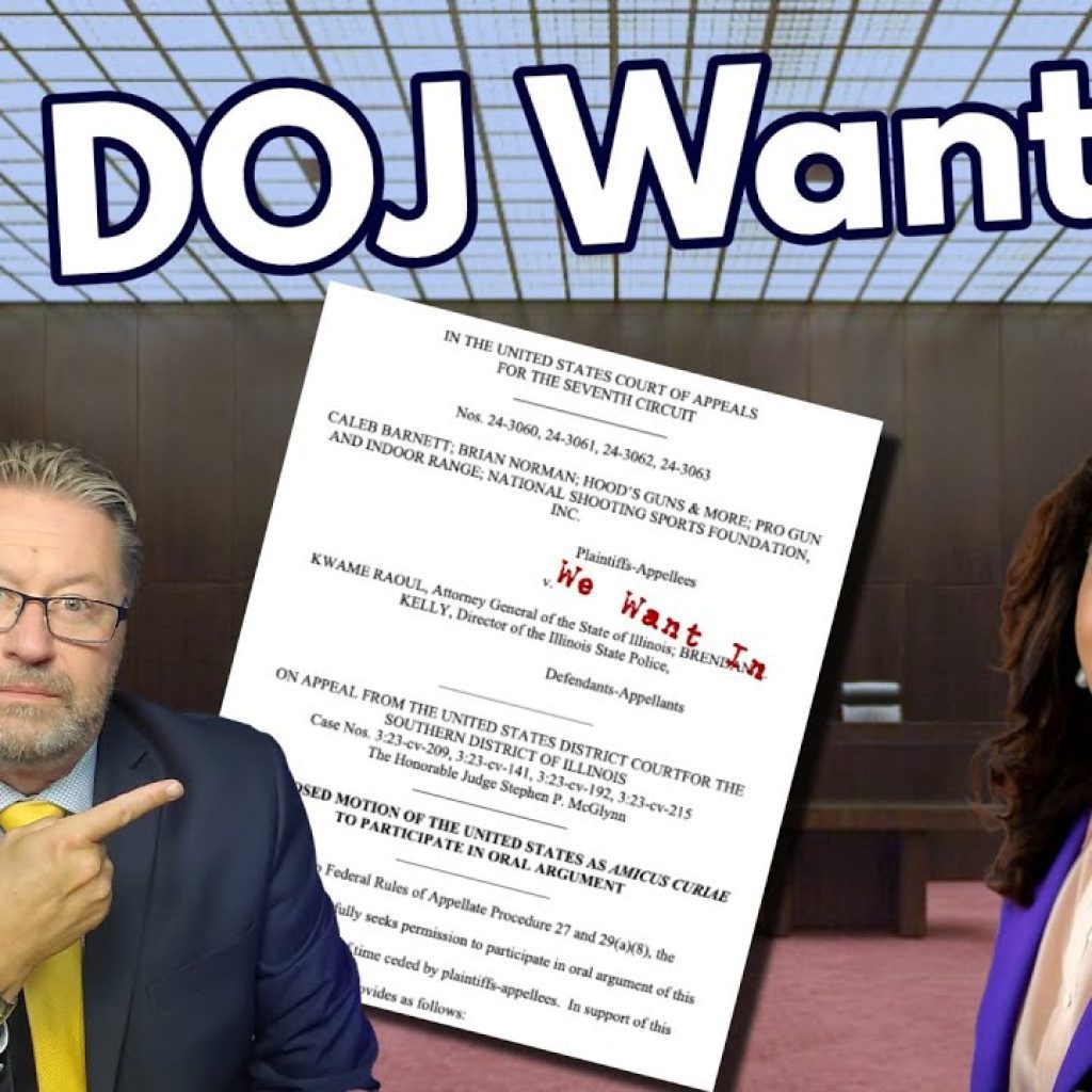 A man in a suit points at a legal document marked “We Want In” with a woman in a purple suit smiling beside him. The background is a courtroom, and large text reads “The DOJ Wants In.”.