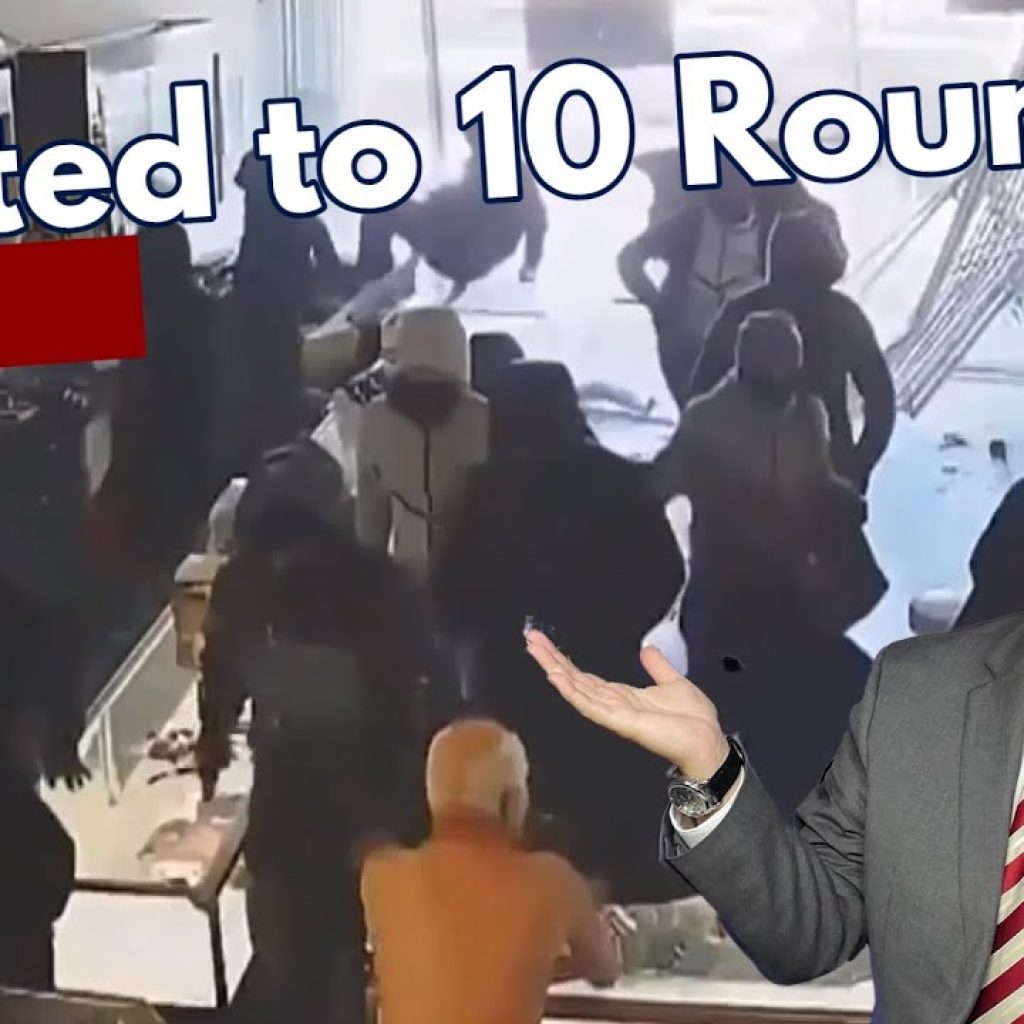 A surveillance photo shows people inside a store, with a man in a suit and glasses superimposed, shrugging. Text reads “Limited to 10 Rounds? Volume II.” The WK logo appears in the lower left corner.