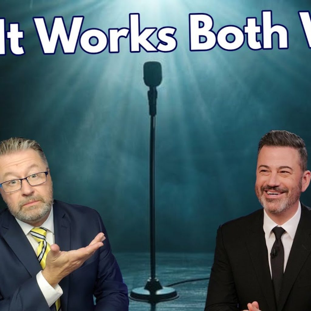 Two men in suits sit under a spotlight in front of a standing microphone. One gestures with his hand while the other smiles. Large text above reads, "Yes, It Works Both Ways." A "WK" logo appears in the corner.