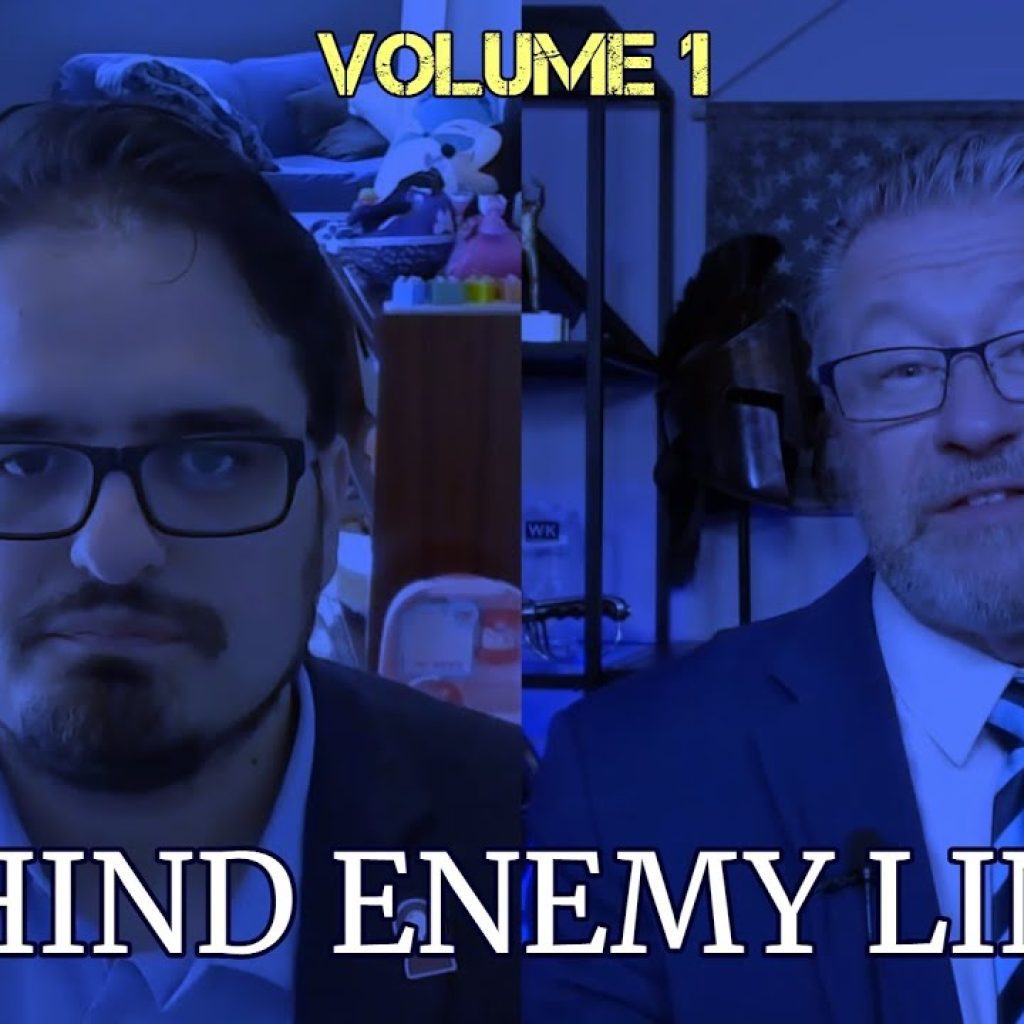 Two men in suits appear in split-screen with a blue filter. Text at the top reads "VOLUME 1" and at the bottom "BEHIND ENEMY LINES." The left man has glasses; the right has a beard and American flag behind him.