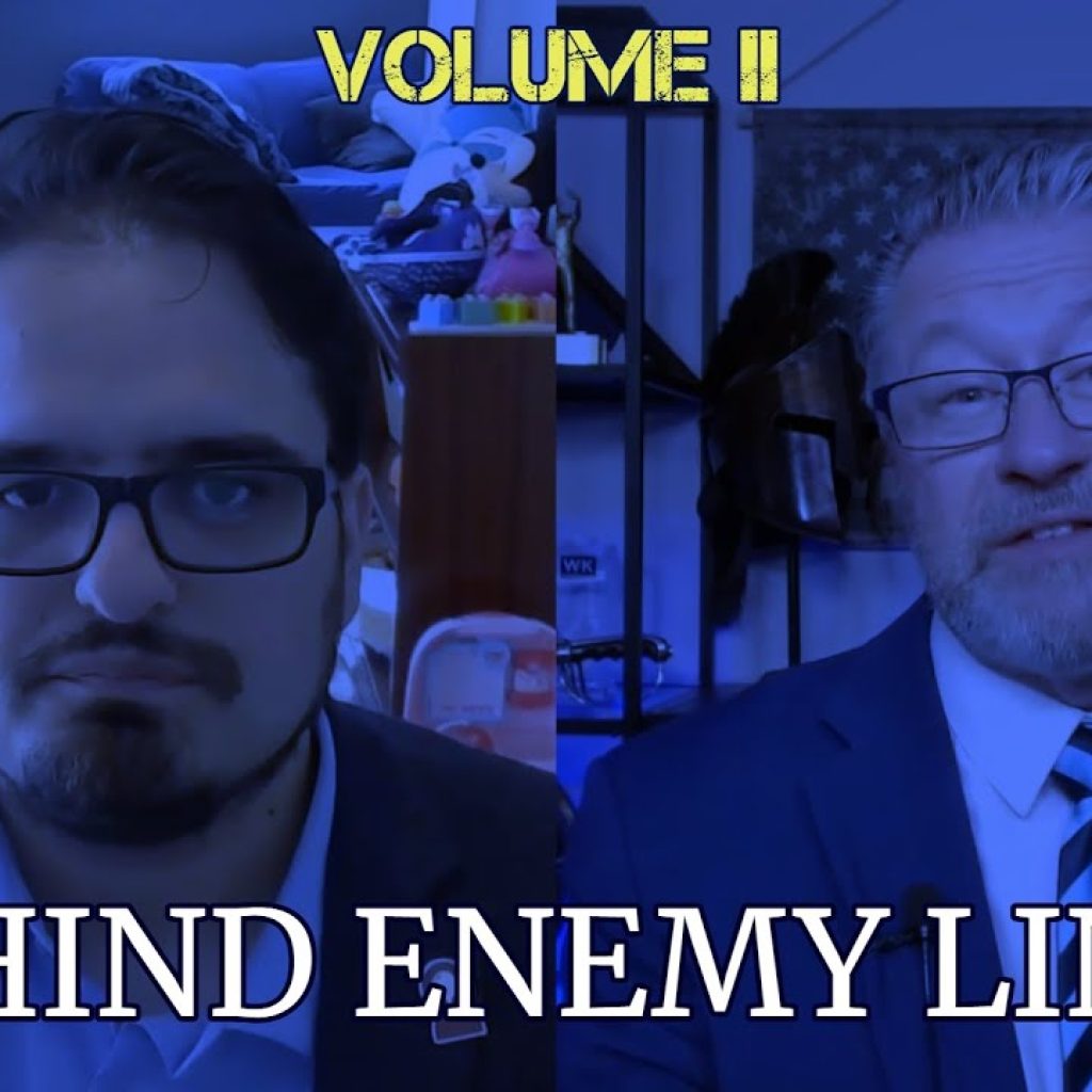 Two men in suits sit side by side, each in a different room, with "VOLUME II" and "BEHIND ENEMY LINES" written over the blue-tinted image. An American flag and books are visible in the background.