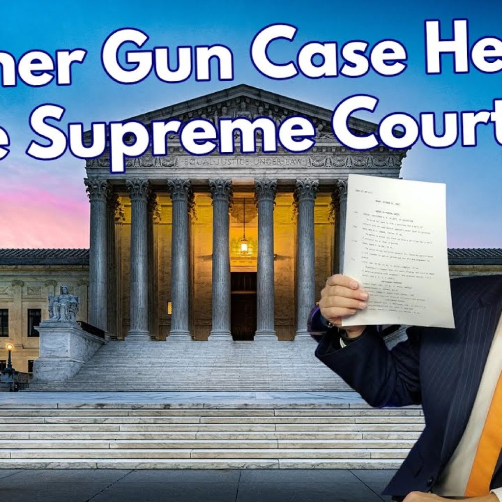 A man in a suit holds documents in front of the U.S. Supreme Court building at sunset. Large text reads, "Another Gun Case Headed to the Supreme Court." The SWK logo appears in the corner.