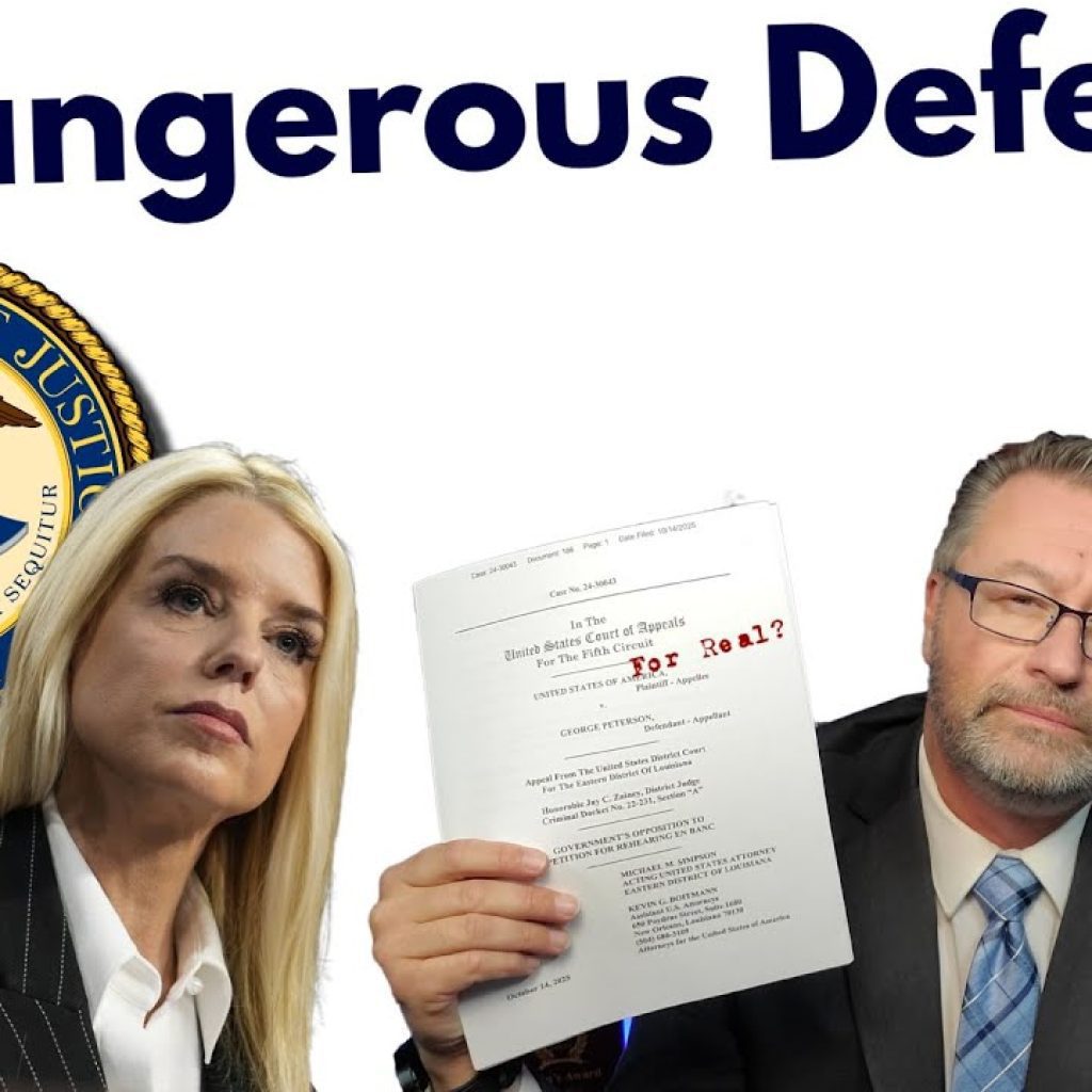 Two serious people in suits, a woman and a man. The man holds legal papers stamped "For Real?". Behind them are the Department of Justice seal, a badge, and the text “A Dangerous Defense.